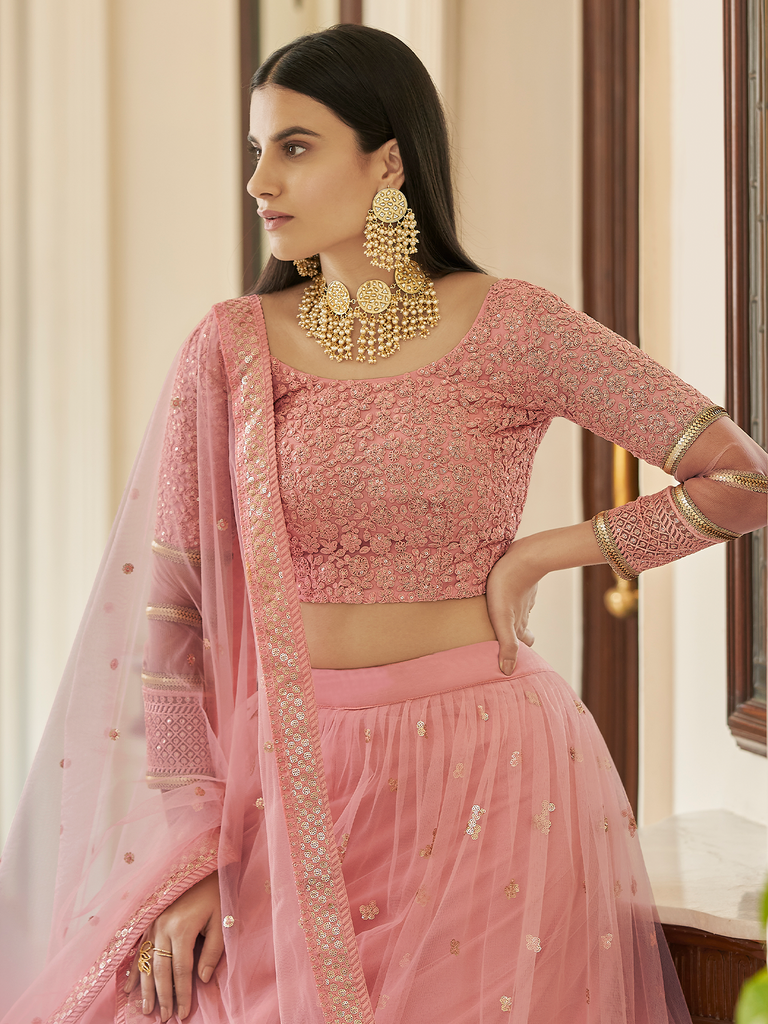 Pink Embroidered Soft Net Semi Stitched Lehenga With Unstitched Blouse Clothsvilla