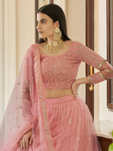 Load image into Gallery viewer, Pink Embroidered Soft Net Semi Stitched Lehenga With Unstitched Blouse Clothsvilla