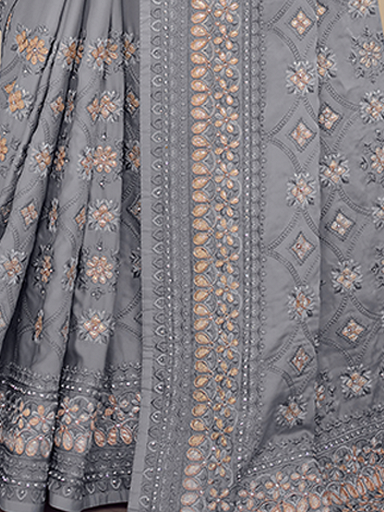 Grey Satin Georgette Saree With Unstitched Blouse Clothsvilla