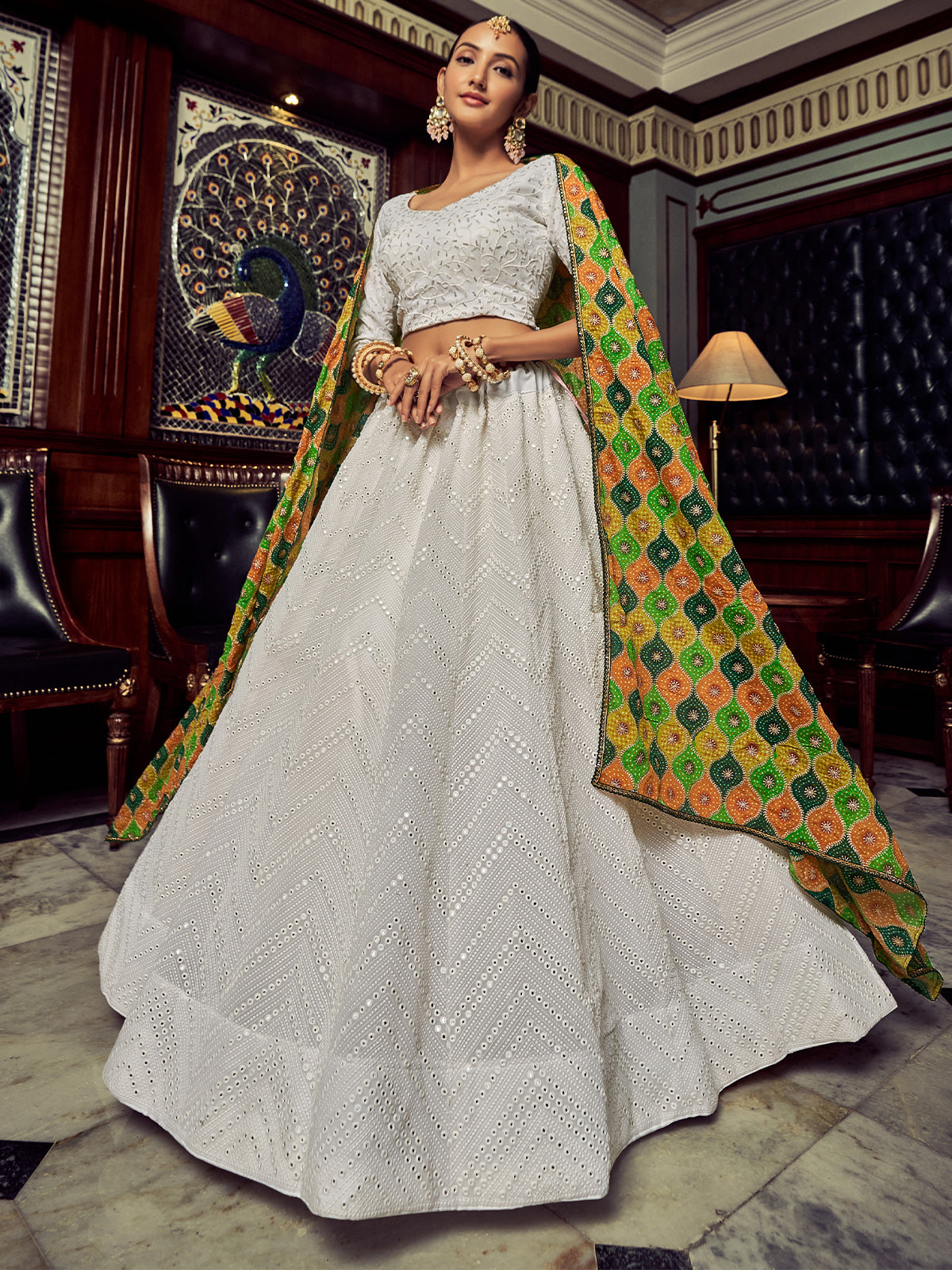 White Embroidered Georgette Semi Stitched Lehenga With Blouse Piece Secondary image