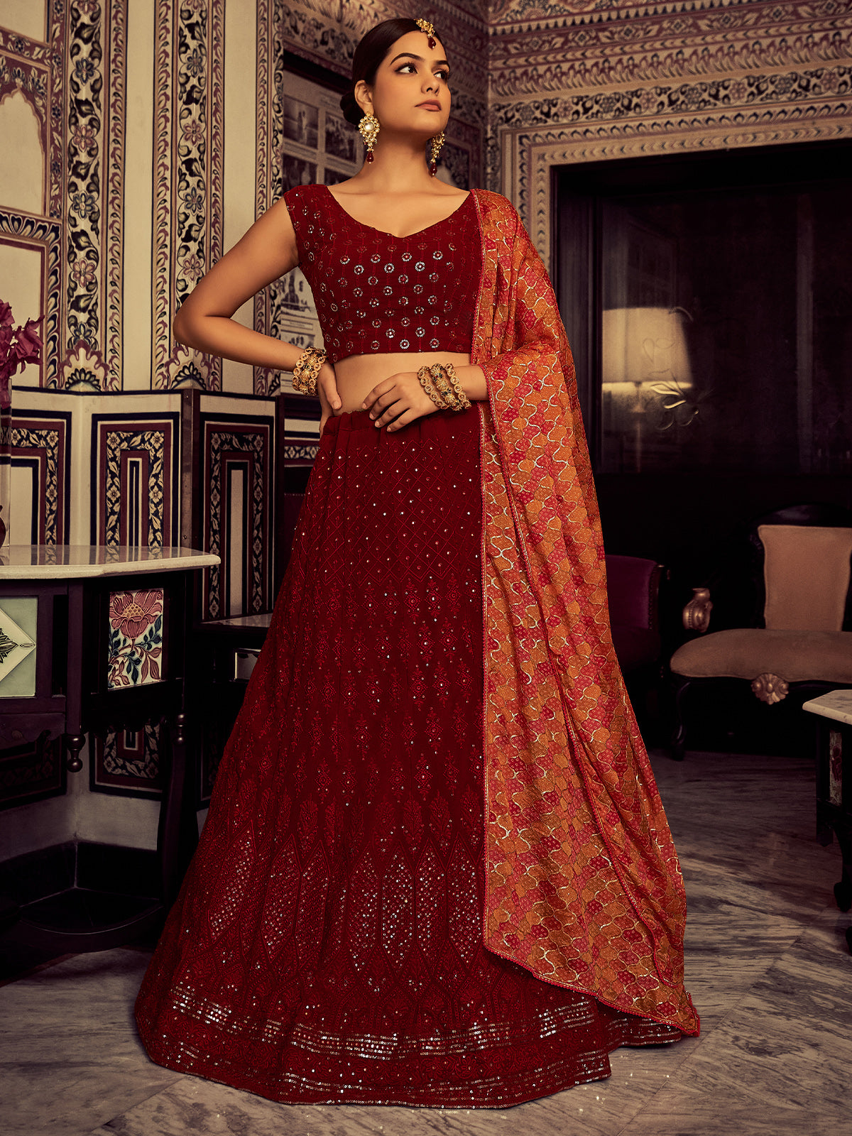 Stylish Maroon Embroidered Georgette Semi Stitched Lehenga With Blouse Piece Clothsvilla