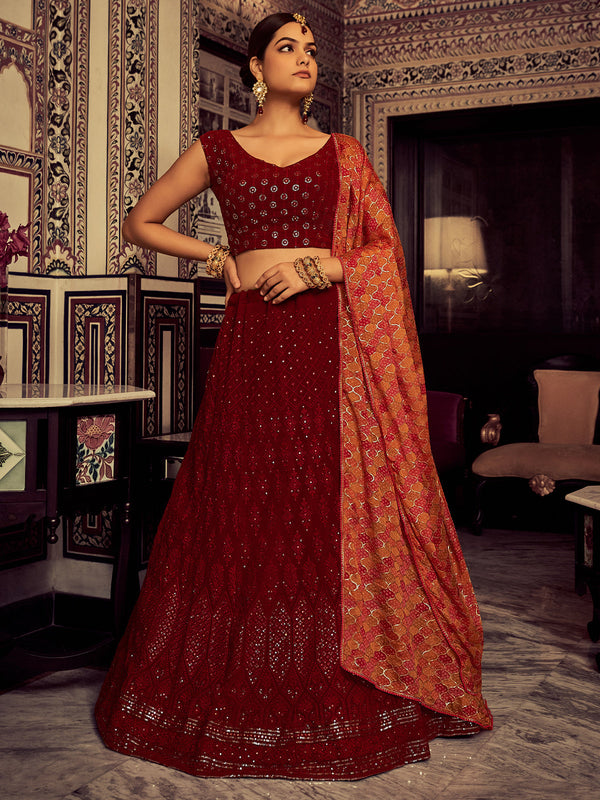 Stylish Maroon Embroidered Georgette Semi Stitched Lehenga With Blouse Piece Clothsvilla