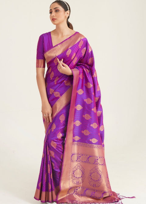 Royal Purple Zari Butta Woven Banasari Silk Saree Clothsvilla Main image