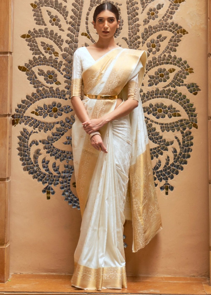 New Years Edit: Classic White And Gold Woven Kanjivaram Saree – Zari Banaras