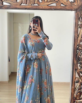 Floral Printed Sky Blue Color Designer Gown Clothsvilla