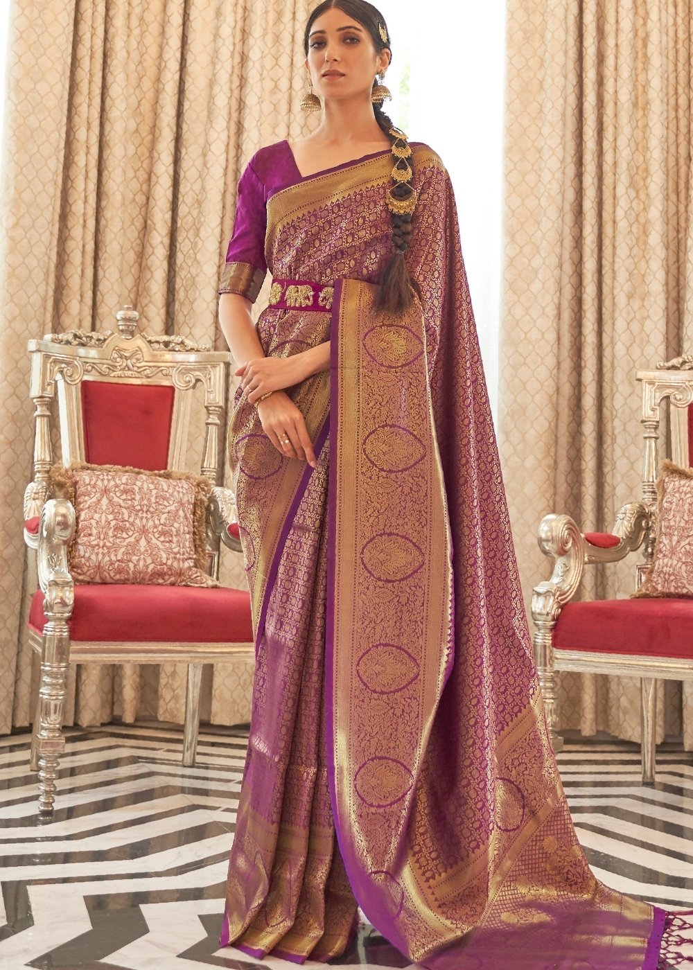 Irish Purple Zari Woven Kanjivaram Silk Saree with Tassels on Pallu Clothsvilla Main image