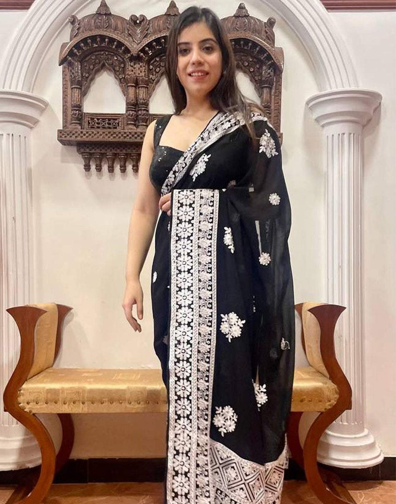 Black Georgette Saree with Beautiful Lucknowi Work and Silk Blouse for Wedding ClothsVilla
