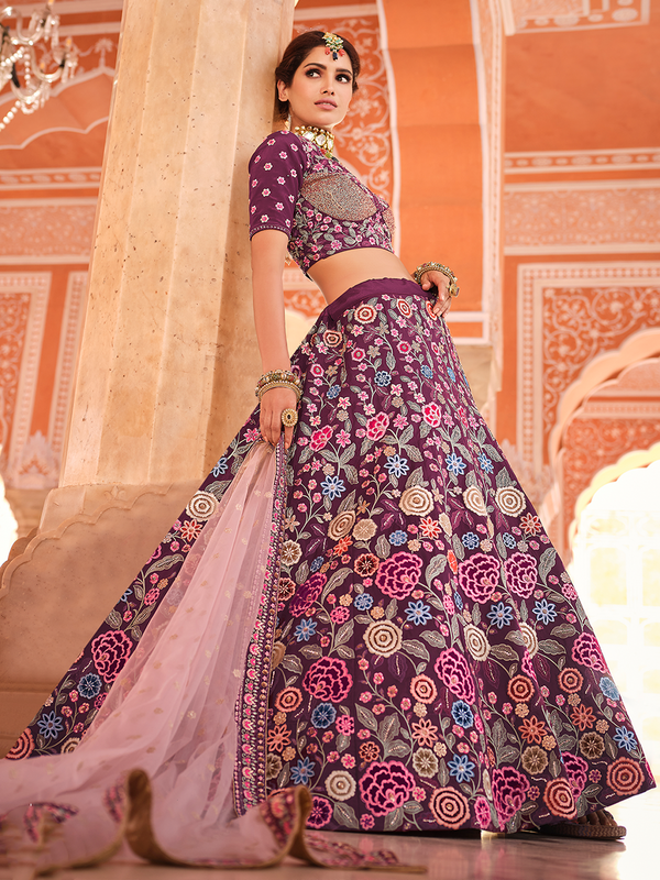 Purple Crepe Semi Stitched Lehenga With Unstitched Blouse Clothsvilla