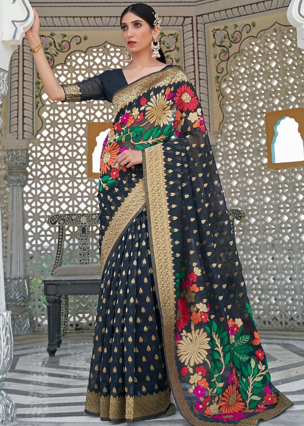 Onyx Black Floral Embroidered Linen Silk Saree Clothsvilla Main image