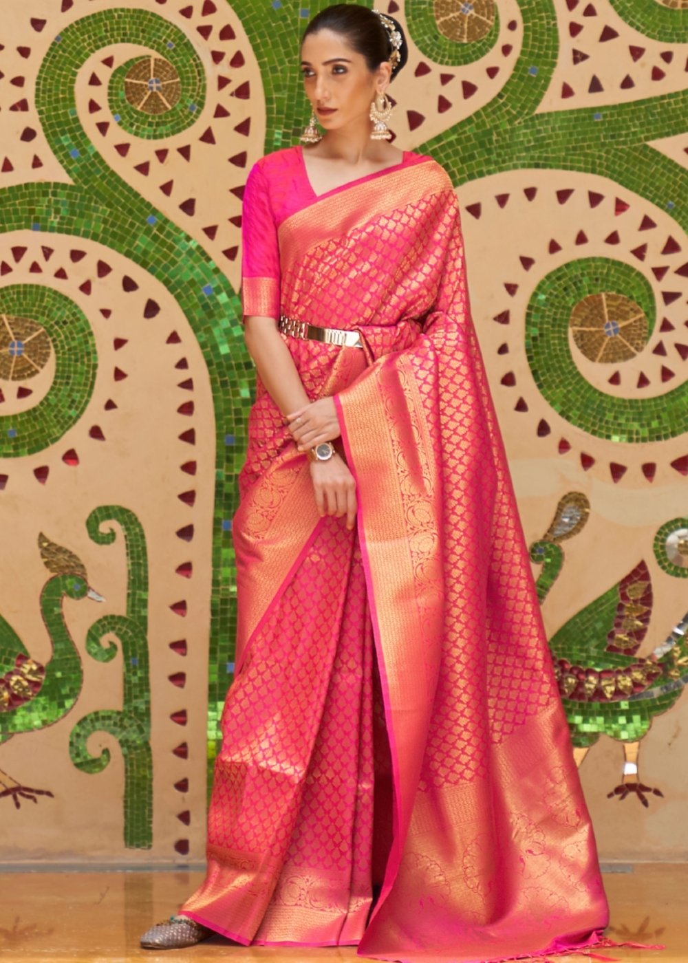 Hot Pink Zari Woven Kanjivaram Silk Saree Clothsvilla Main image