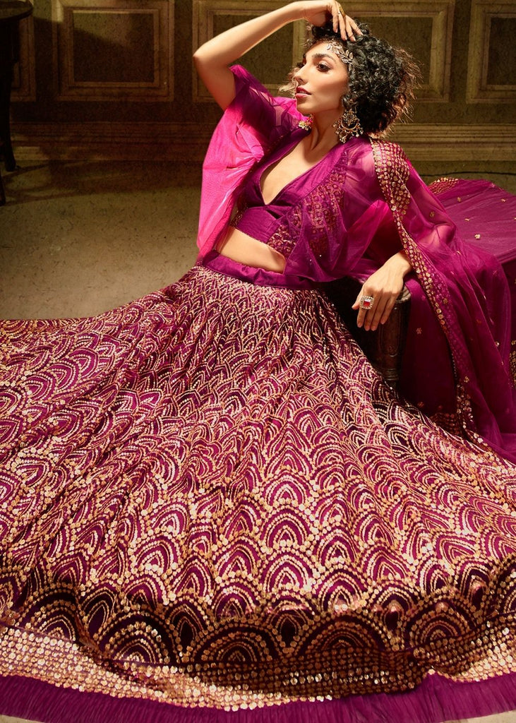 Red Violet Soft Net Designer Lehenga Choli with overall Sequins work Clothsvilla
