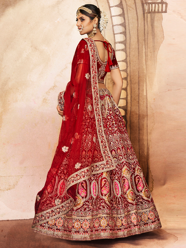 Maroon Embroidered Velvet Semi Stitched Lehenga With Unstitched Blouse Clothsvilla