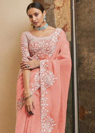 PEACH PINK ORGANZA SAREE WITH SEQUINS, RESHAM & CUT-WORK Clothsvilla