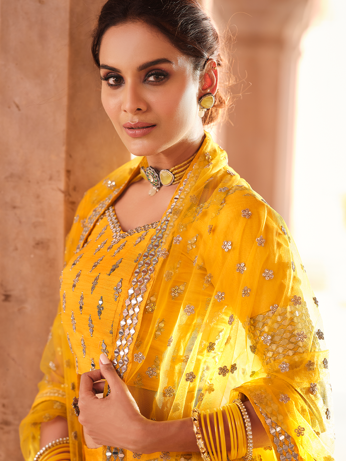 Mustard Embroidered Art Silk Semi Stitched Lehenga With Unstitched Blouse Clothsvilla