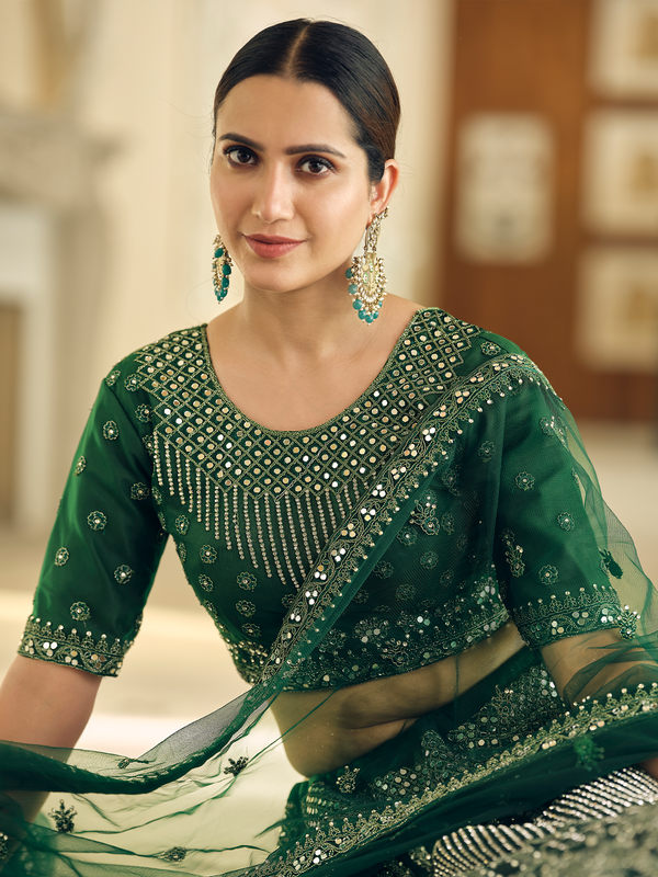 Green Embroidered Soft Net Semi Stitched Lehenga With Unstitched Blouse Clothsvilla