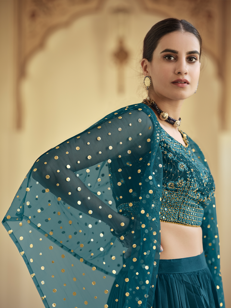 Teal Embroidered Crepe Semi Stitched Lehenga With Unstitched Blouse Clothsvilla