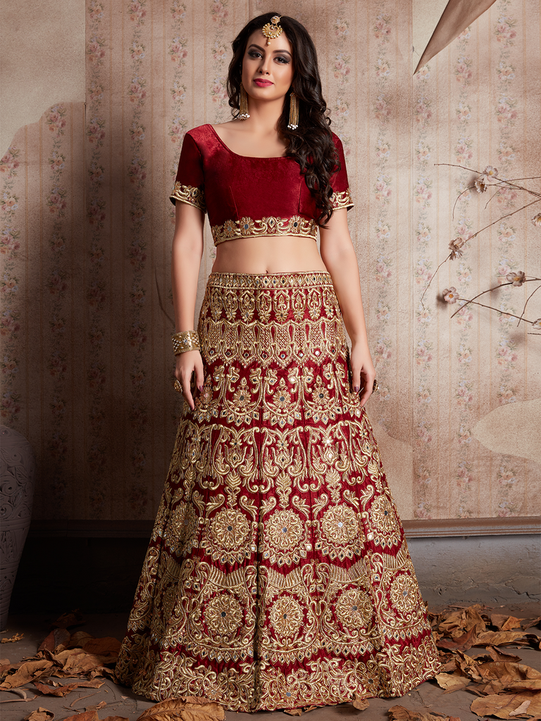 Maroon Embroidered Semi Stitched Lehenga With Unstitched Blouse Clothsvilla