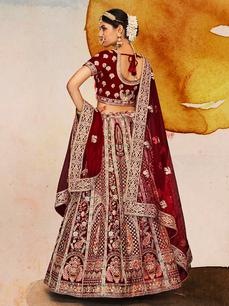 Maroon Velvet Semi Stitched Lehenga With Unstitched Blouse Clothsvilla