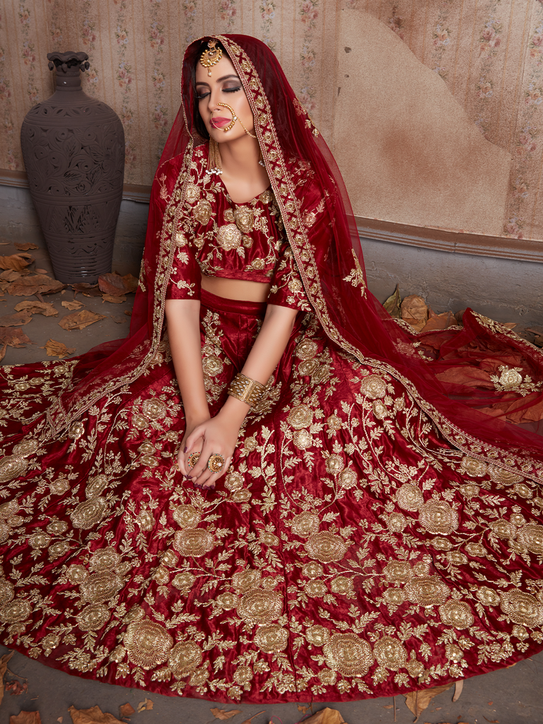 Maroon Embroidered Semi Stitched Lehenga With Unstitched Blouse Clothsvilla