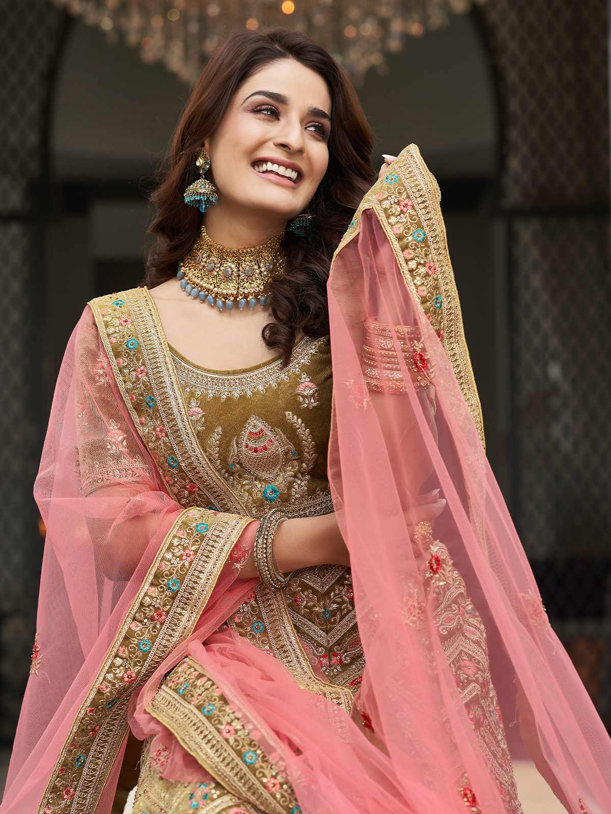 Olive Green Velvet Semi Stitched Lehenga With Unstitched Blouse Clothsvilla