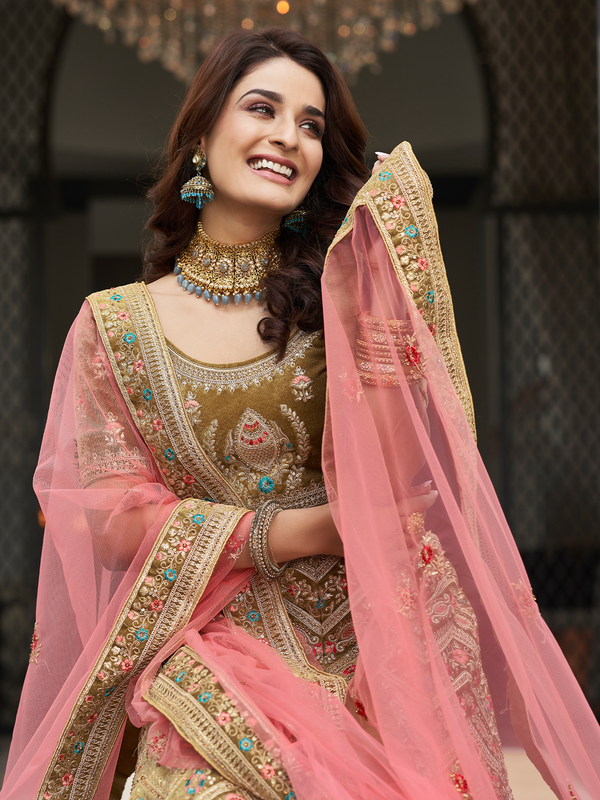 Olive Green Velvet Semi Stitched Lehenga With Unstitched Blouse Clothsvilla