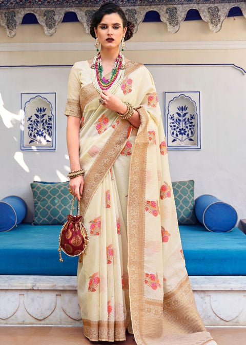 Light Cream Pure Linen Woven Silk Saree with Zari work on Border and Pallu Clothsvilla Main image