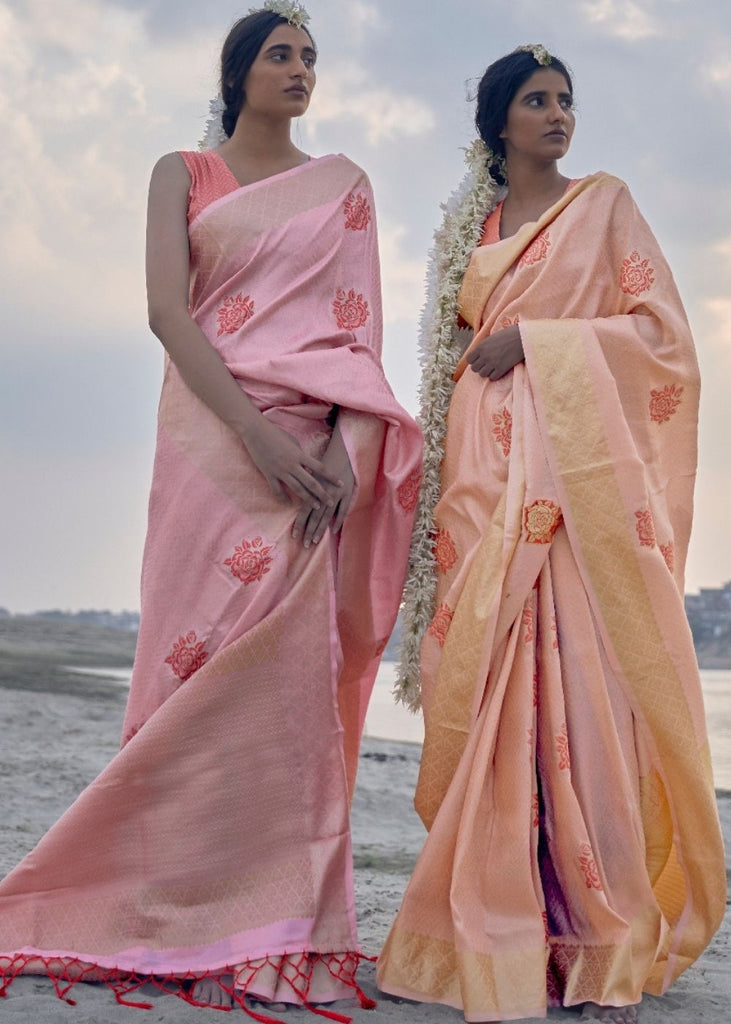 Salmon Pink Linen Silk Saree with Zari Woven Butti overall Clothsvilla