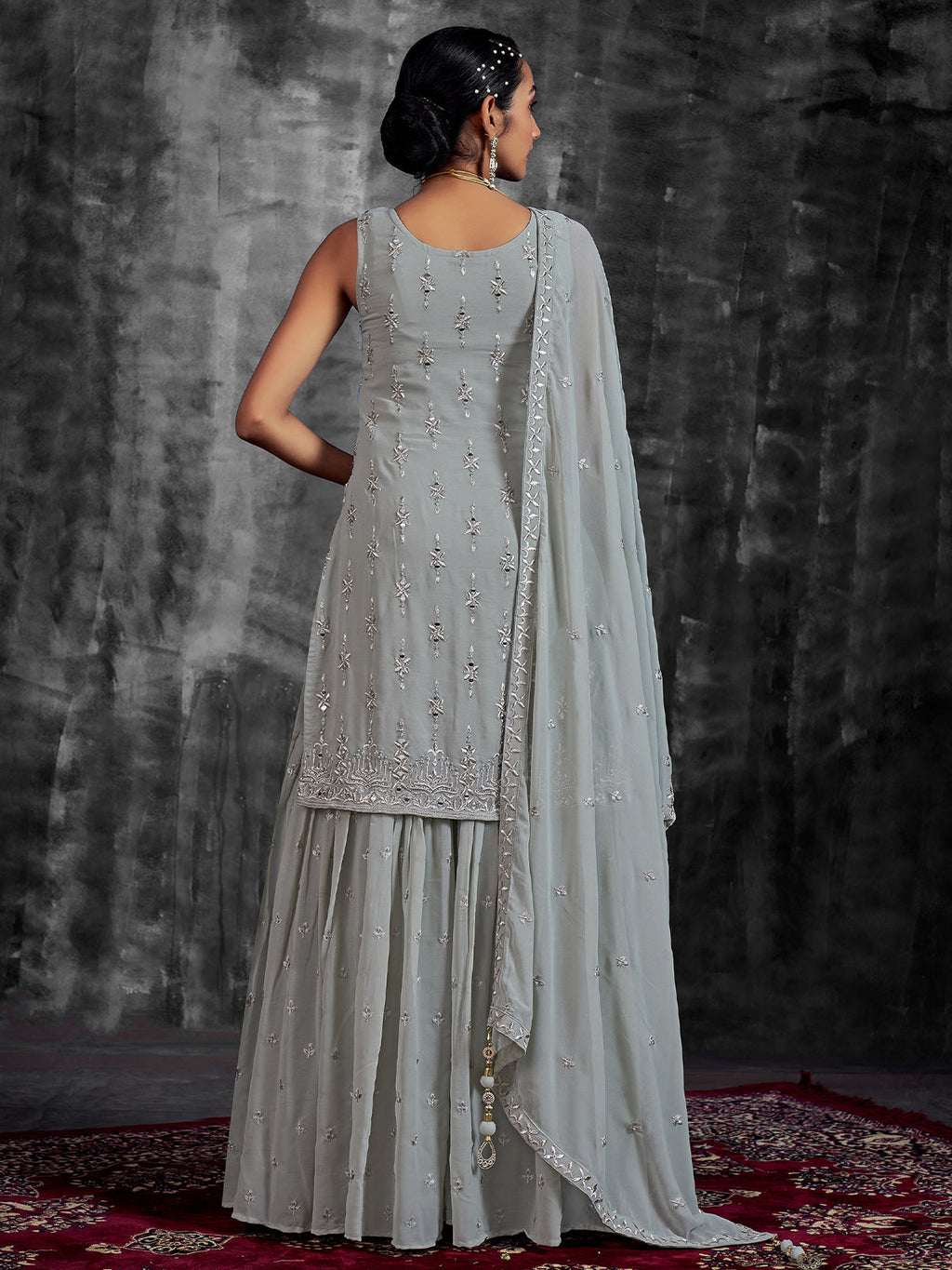 Grey Embroidered Partywear Stitched Kurta Set Clothsvilla