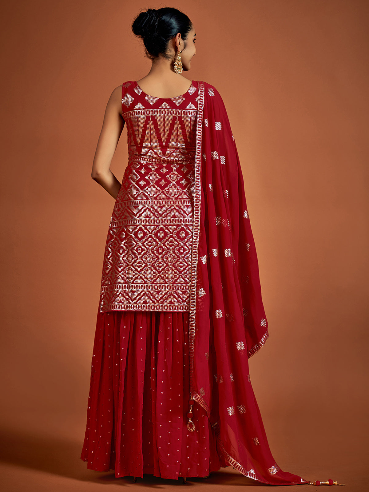 Beautiful Red Embroidered Georgette Partywear Stitched Kurta Set Clothsvilla