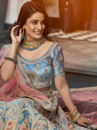 Sky Blue Velvet Semi Stitched Lehenga With Unstitched Blouse Clothsvilla