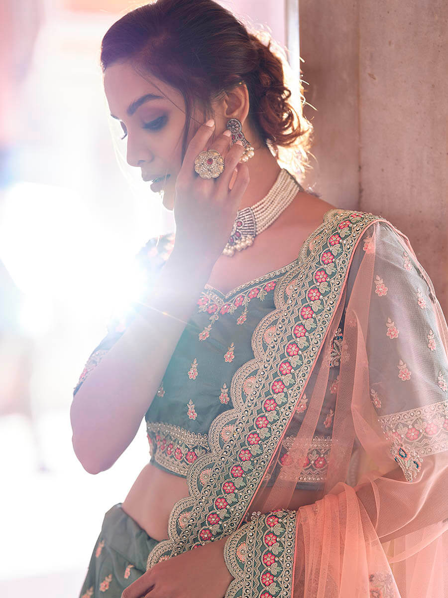 Rama Green Embroidered Designer Lehenga Choli Clothsvilla