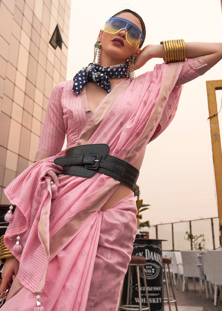Flamingo Pink Handloom Weaving Banarasi Cotton Silk Saree Clothsvilla