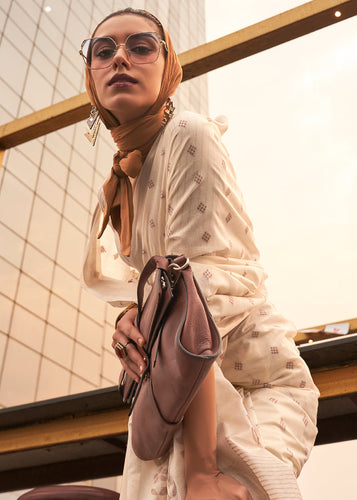 Ivory White Handloom Weaving Banarasi Cotton Silk Saree Clothsvilla