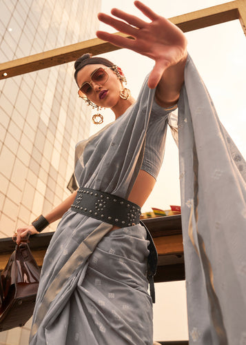 Steel Grey Handloom Weaving Banarasi Cotton Silk Saree Clothsvilla