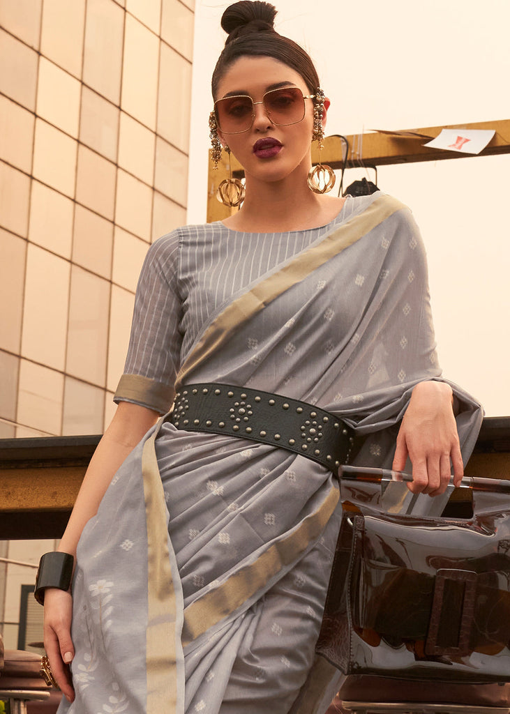 Steel Grey Handloom Weaving Banarasi Cotton Silk Saree Clothsvilla