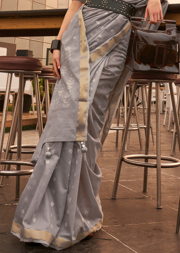 Steel Grey Handloom Weaving Banarasi Cotton Silk Saree Clothsvilla