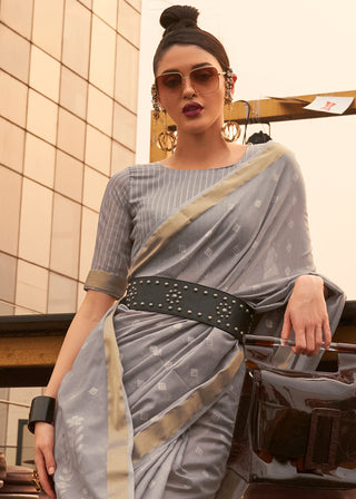 Steel Grey Handloom Weaving Banarasi Cotton Silk Saree Clothsvilla