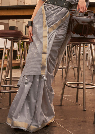 Steel Grey Handloom Weaving Banarasi Cotton Silk Saree Clothsvilla