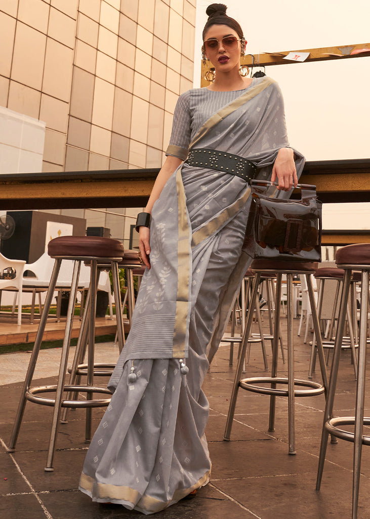 Steel Grey Handloom Weaving Banarasi Cotton Silk Saree Clothsvilla