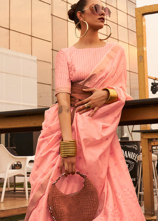 Salmon Pink Handloom Weaving Banarasi Cotton Silk Saree Clothsvilla