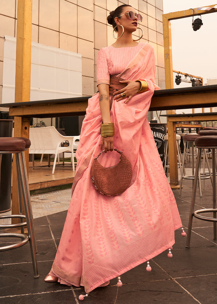 Salmon Pink Handloom Weaving Banarasi Cotton Silk Saree Clothsvilla