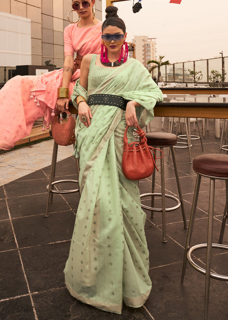 Pastel Green Handloom Weaving Banarasi Cotton Silk Saree Clothsvilla