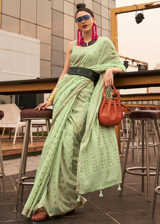 Pastel Green Handloom Weaving Banarasi Cotton Silk Saree Clothsvilla