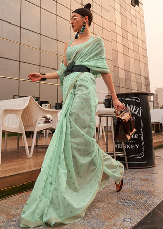 Seafoam Green Handloom Weaving Banarasi Cotton Silk Saree Clothsvilla