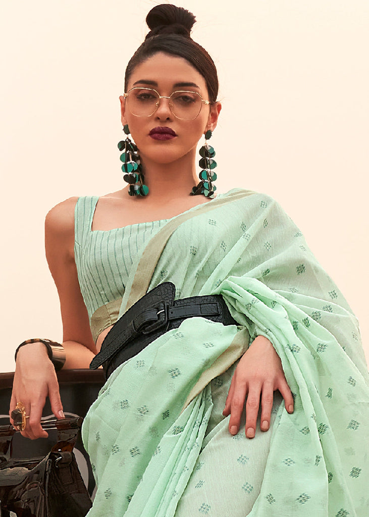 Seafoam Green Handloom Weaving Banarasi Cotton Silk Saree Clothsvilla