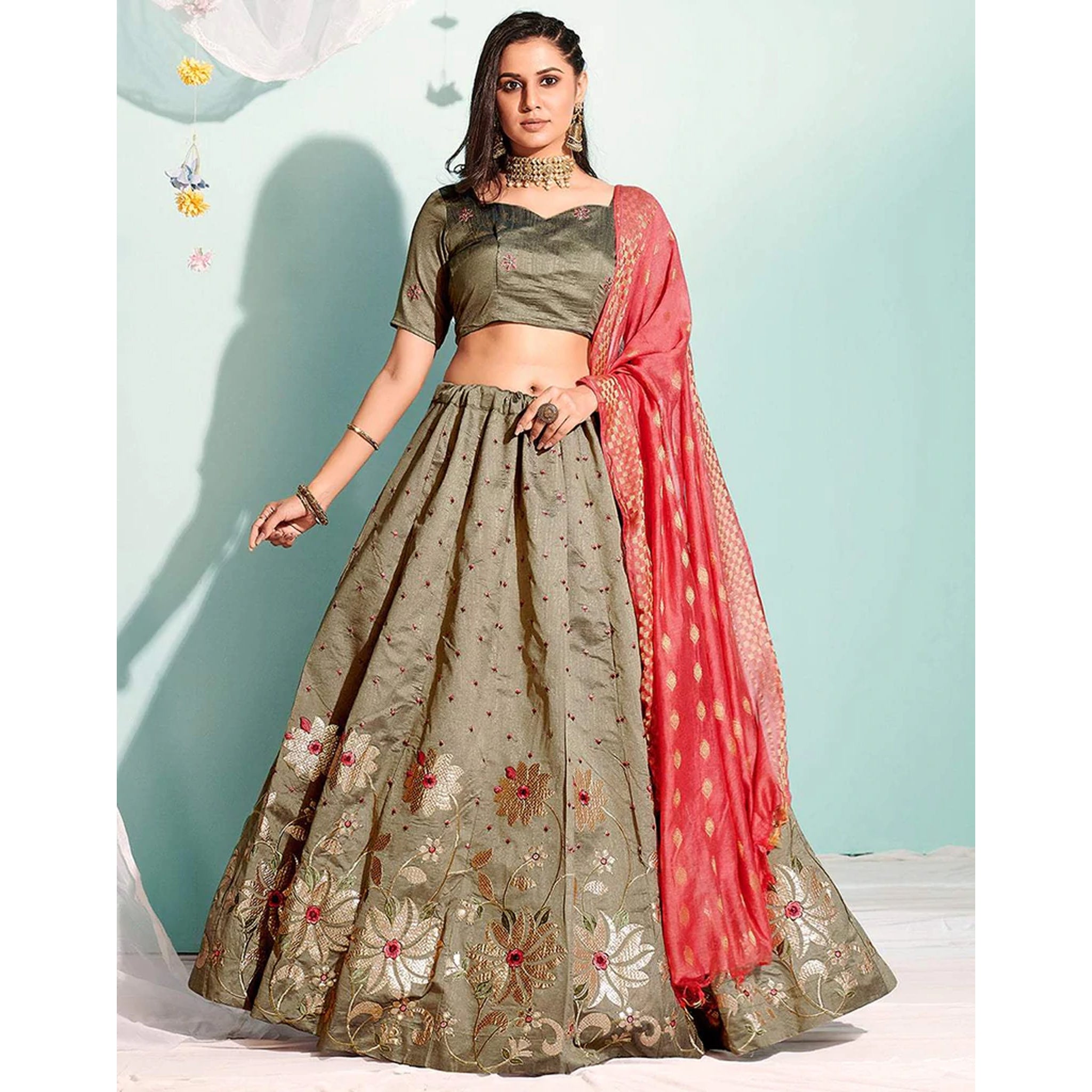 Party wear Embroidered Satin Silk Lehenga Choli in Light Green With Cancan  Canvas Patta