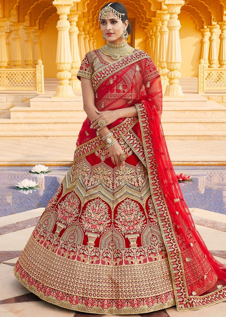 Crimson Red Velvet  Bridal Lehenga Choli with Embroidery & Hand work Clothsvilla