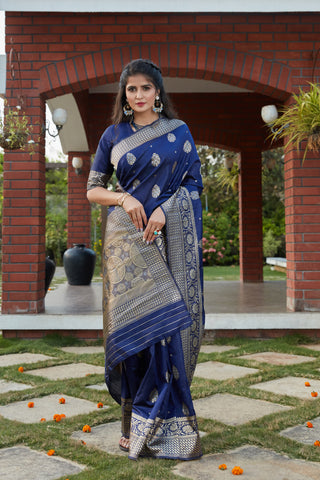 Navy Blue Weaving Banarasi Silk Festival Wear Saree ClothsVilla