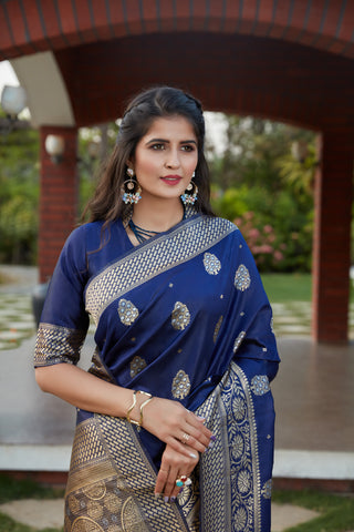 Navy Blue Weaving Banarasi Silk Festival Wear Saree ClothsVilla