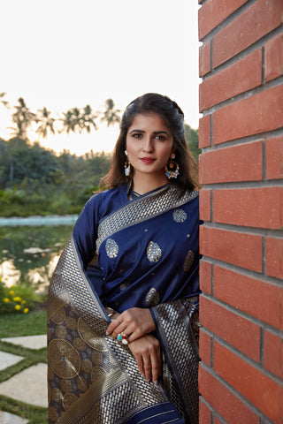 Navy Blue Weaving Banarasi Silk Festival Wear Saree ClothsVilla